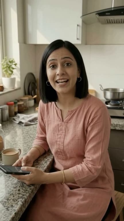 A woman standing at a kitchen counter with a cup of tea, her phone in her hand