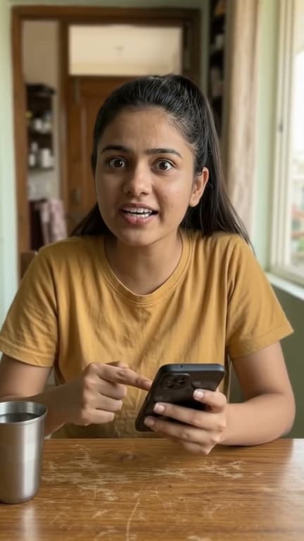 A young woman at a kitchen table by a window, pointing at her phone screen