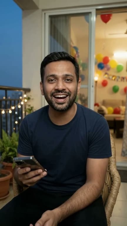 A man on a balcony at dusk with party balloons behind him, holding his phone