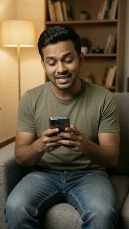 A man on a sofa beside a lit floor lamp, wincing at his phone