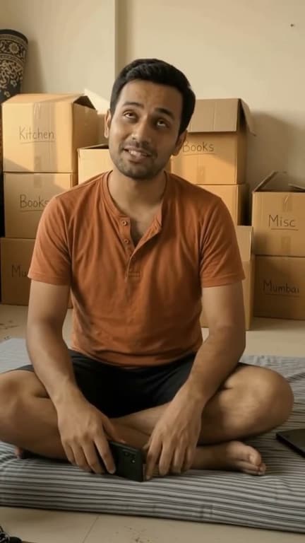 A man sitting on the floor of a bare flat among labelled packing boxes