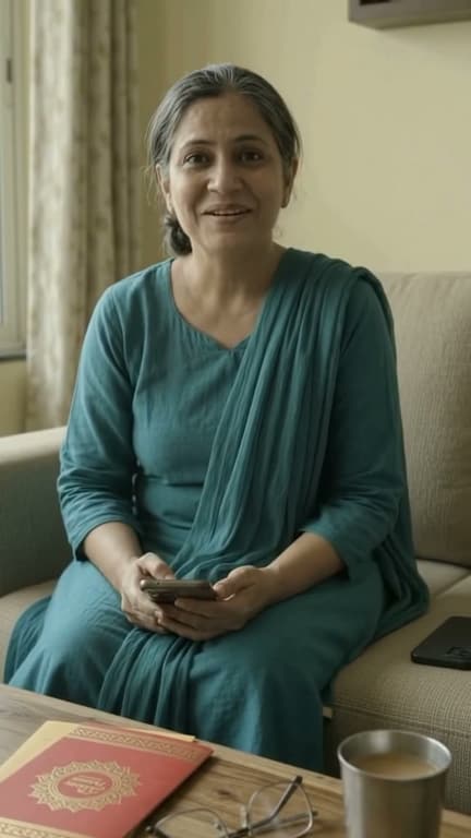 A woman in a teal kurta on a sofa, phone in both hands, a red and gold invitation card and a steel cup of tea on the table