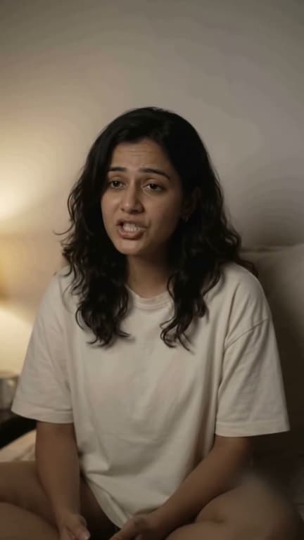 A woman sitting cross-legged on a bed in a dim room, talking to the camera